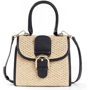 Retro Straw Woven Women's Small Cross Body Shoulder Messenger Handbag Beige-blac